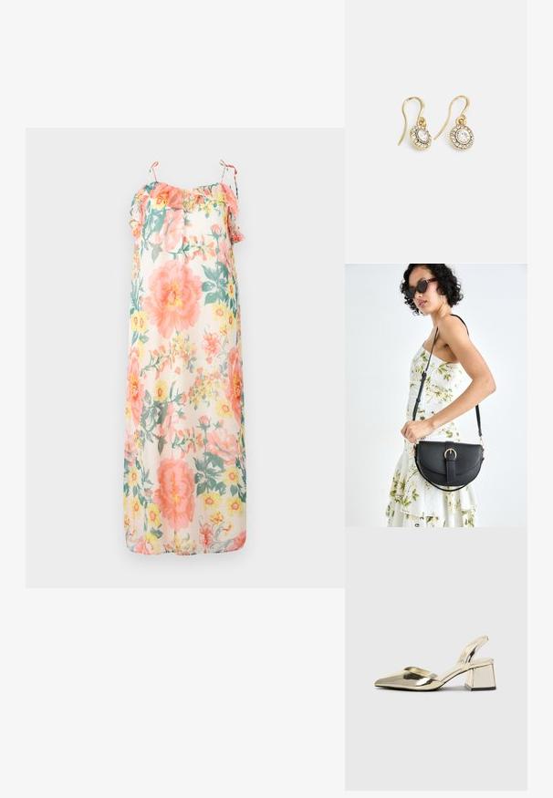 Kvetinové maxi šaty v pastelových farbách, s volánovými ramienkami, voľným strihom a ľahkou, priesvitnou látkou s ružovými a žltými kvetinovými vzormi.; Zlaté kovové lodičky na podpätku so špicatou špičkou a robustným podpätkom. Hladký povrch, minimalistický dizajn a úzka remienok.; Čierna kožená kabelka s zaobleným tvarom, odnímateľným popruhom a zlatými doplnkami. Kabelka má klopu s detailom s prackou.; Náušnice zlatého odtieňa s oválnymi čírymi kryštáli obklopenými menšími čírými kameňmi, s háčikovým dizajnom pre bezpečné nosenie.
