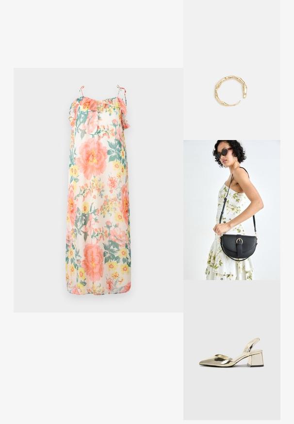 Blumenkleid in Pastellfarben, mit Rüschen-Trägern, lockerem Schnitt und einem leichten, durchsichtigen Stoff mit rosa und gelben Blumenmustern.; Goldene, metallische Slingback-Absätze mit spitzem Zeh und dicker Ferse. Glatte Textur, minimalistisches Design und ein schmaler Riemen.; Schwarze Lederhandtasche mit geschwungener Form, abnehmbarem Tragegurt und goldenen Beschlägen. Die Tasche verfügt über einen Deckel mit einer Schnallen-Details.; Goldfarbener Ring mit einem organischen, gedrehten Design, glatter Oberfläche und sich verjüngenden Enden, was ein modernes, skulpturales Erscheinungsbild erzeugt.
