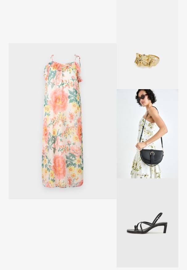 Ziedu maxi kleita gaišās krāsās, ar krokotām siksnām, brīvu piegriezumu un vieglu, caurspīdīgu audumu ar rozā un dzeltenu ziedu rakstu.; Melnas strappy sandales ar kvadrātveida purngaliem un zemu bloku papēdi. Ievērojamas ar vairākiem plāniem siksniņām un regulējamu potītes siksniņu. Izgatavotas no gludas ādas.; Melnas ādas rokassoma ar izliekta formu, noņemamu siksnu un zelta aksesuāriem. Somai ir vāciņš ar sprādzes detaļu.; Zelta gredzens ar teksturētu, viļņotu dizainu, kas rotāts ar trim izteiktām virsotnēm. Gluda, spīdīga virsma ar atvērtu joslu, lai to varētu pielāgot.