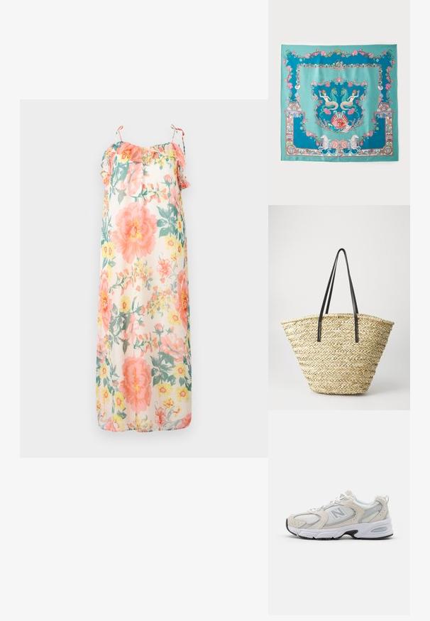 Květinové maxi šaty v pastelových barvách, s volánkovými ramínky, volným střihem a lehkým, průsvitným materiálem se vzorem růžových a žlutých květin.; Atletická obuv s lehkým šedým síťovaným svrškem s semišovými akcenty, bílými tkaničkami a černou gumovou podrážkou. Výrazným detailem je tlumení ABZORB.; Tyrkysový hedvábný šátek s podrobnými návrhy na námořní téma, včetně mořských pann, mušlí a korálů, lemovaný dekorativním okrajem.; Tkaná slámová taška s širokým, zúženým tvarem, se dvěma černými koženými uchy. Přírodní béžová barva s texturovaným povrchem.