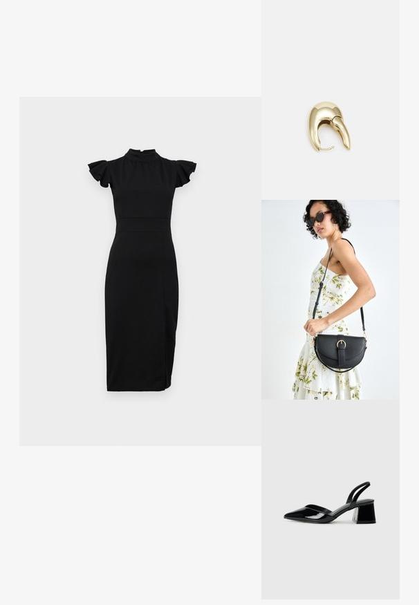 WAL G. ASHLY RUFFLE MIDI - Kokteiļkleita/ballīšu kleita - black; Melna lakota āda ar atvērto papēdi, ar smailu purngalu un ģeometrisku blokpapēdi. Iezīmējas elegants, minimāls dizains un gluda tekstūra.; Melnas ādas rokassoma ar izliekta formu, noņemamu siksnu un zelta aksesuāriem. Somai ir vāciņš ar sprādzes detaļu.; Zeltīti metāla auskari ar gludu, izliekta dizaina. Ar atšķirīgu smailu formu, pulētu virsmu un eņģu aizdari.