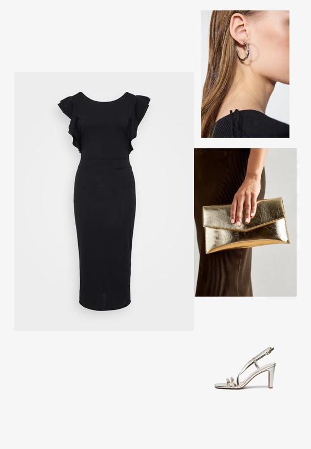 Rochie neagră, mulată, dintr-un material neted, cu mâneci volănaș, decolteu rotund și tiv până la genunchi. Design simplu și elegant.; Sandalie cu toc înalt, metalice, argintii, cu vârful deschis, având trei bretele subțiri peste picior și o bretea pentru gleznă cu cataramă.; Geantă de mână metalică aurie cu o textură netedă, având un închizător în formă de triunghi. Mâna care o ține are unghii frumos îngrijite.; Cercel din argint cu un finisaj polișat, având detalii mici din aur și o formă rotundă, purtat pe lobul urechii.