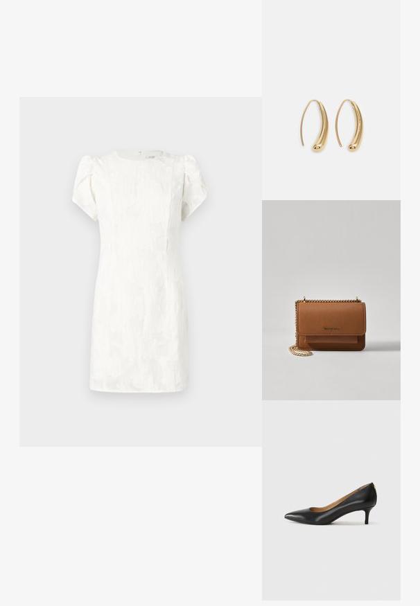 Valge lühikeste varrukatega kleit, mille tekstuuriga lillemuster, liibuva lõikega ja tagaküljel peidetud lukuosaga, pehmete lõhnavate varrukatega.; Must musta musta, millel on terav nina, madal konts ja sile tekstuur. Omab pisut avatud osa ees ja minimaalset riistvara taga.; Pruun tekstureeritud nahk ristkeha kott kuldse ahelaga rihmaga ja klapiga sulgemine. Esiküljel on logo detail ja tasku klapi all.; Kuldtoonilised metallist rõngas kõrvarõngad, millel on kõver ja piklik kuju. Omavad siledat, läikivat pinda ja ümarat tipptugevdust, mis lisab detaili.