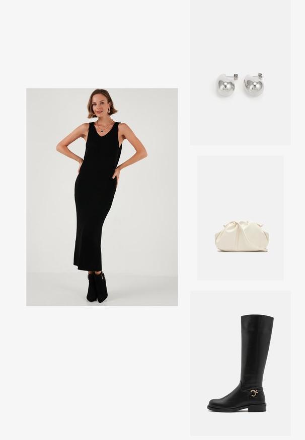 Fekete bordázott maxi ruha V-nyakkal, ujjatlan kialakítással és enyhén bővülő szegéllyel. Fekete bokacsizmával párosítva, fényes kiegészítőkkel.; Anna Field Wide Fit Csizmák - black; Krém színű, puha műbőr táska, összegyűrt dizájnnal, állítható pánttal és diszkrét húzózsinóros záródással. Sima felület és lekerekített forma.; Ezüst csepp fülbevalók lekerekített, tükröződő felülettel; minimalista dizájn, sima textúrával és diszkrét márkázási részlettel.