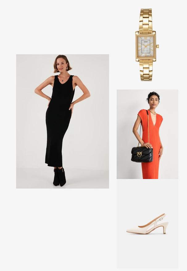 Černé maxi šaty s jemně strukturovaným povrchem, V-výstřihem, bez rukávů a s mírným rozšířením na lemu. V kombinaci s černými kotníkovými botami s kovovými detaily.; Bílé lodičky na podpatku s špicatou špičkou, hladkým svrškem, nízkým blokovým podpatkem a designem s bočním výřezem se stahovací sponou.; Černá kožená kabelka s prošívaným vzorem, zlatými kováními a řetízkovým popruhem. Modelka ji drží u texturovaných oranžových šatů.; Zlatý obdélníkový náramkový hodin s bílým ciferníkem, stříbrnými indexy a odolným kovovým náramkem. Obsahuje voděodolnou funkci.