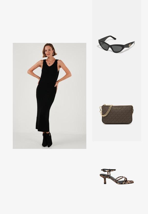 Černé maxi šaty s jemně strukturovaným povrchem, V-výstřihem, bez rukávů a s mírným rozšířením na lemu. V kombinaci s černými kotníkovými botami s kovovými detaily.; Sandály na podpatku s leopardím vzorem, čtveratou špičkou, více popruhy a středně vysokým podpatkem. Vyrobeno z měkkého textilního materiálu.; Sunglasses ve tvaru kočičích očí s matným černým plastovým rámem, tmavými skly a zlatým logem na stranu. Úhlový design a hladká textura.; Hnědá kožená crossbody taška s logem, zlatým řetízkem, zipovým uzávěrem a zlatými akcenty. Kompaktní a obdélníkový tvar.