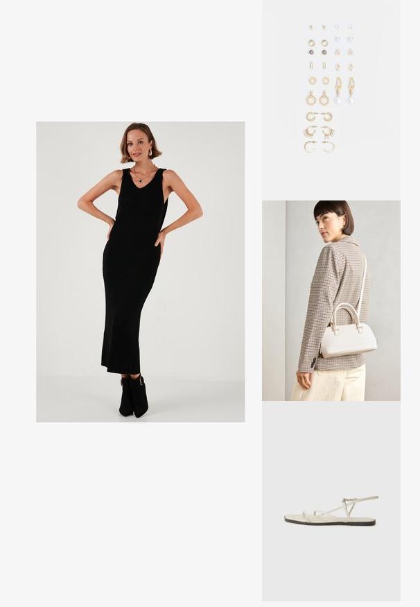Mustmustriibuline maxi kleit V-kaelusega, ilma varrukateta ja õrna flare'iga allääres. Kombineeritud mustade pahkluude saapadega, millel on metallilised aktsendid.; Bežid lame sandaal, millel on mitu peenikest rihma ja reguleeritav pandla. Tallal on lame pind, mille ääres on kerge tumedam kontrast.; Valge struktureeritud käekott lühikeste käepidemete ja õlavööga, millel on kuldse riistvara aktsendid ja tekstuuriga materjal, eksponeeritud halli taustal.; Kullastusust kõrvarõngaste komplekt, mis sisaldab erinevaid disaine, sealhulgas nööpe, rõngaid ja riputatavaid tükke, millel on pärlid ja rhinestones.