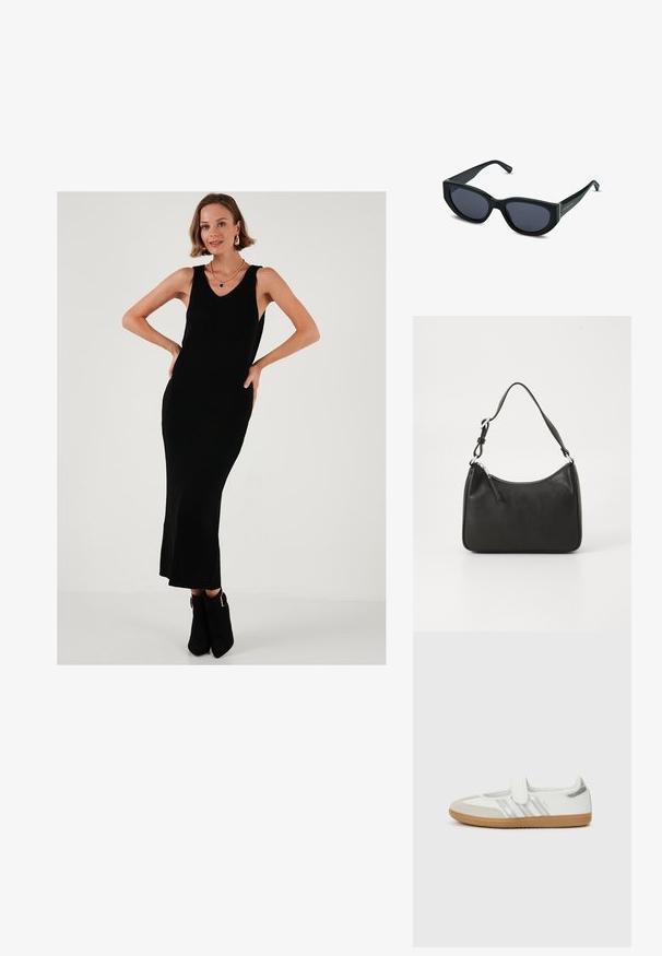 Schwarzes geripptes Maxikleid mit V-Ausschnitt, ärmellosem Design und subtiler Weite am Saum. Kombiniert mit schwarzen Stiefeletten, die metallische Akzente aufweisen.; Weißer Sneaker mit silbernen Streifen, Wildlederzehenkappe und Klettverschluss. Texturierte Gummisohle in Karamellfarbe. Minimalistisches Design mit glatter Oberfläche.; Schwarze Sonnenbrille mit eckigem Cat-Eye-Design, dunkel getönten Gläsern, glänzenden Kunststoffrahmen und subtilen goldenen Akzenten an den Bügeln.; Schwarze Lederhandtasche mit geschwungener Form, einem einzigen Tragegurt, Reißverschlussverschluss und dezentem Branding auf der Vorderseite. Glatte Textur, minimalistisches Design.