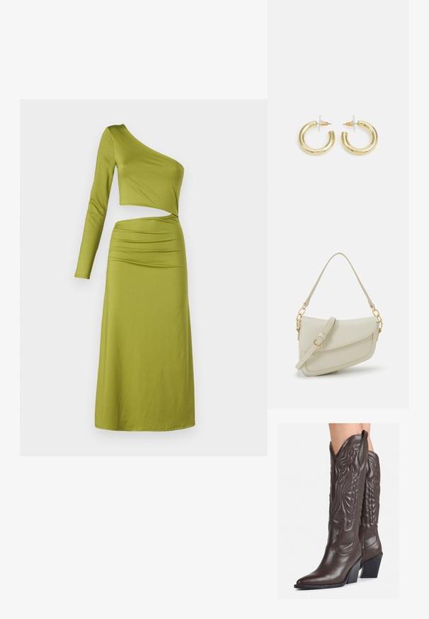 Rochie cu un umăr, mânecă lungă, de culoare verde măslin, cu un corp ajustat și detalii plisate la talie, fabricată dintr-un material neted și elastic.; Bocanci de cowboy din piele maro, cu vârf ascuțit și toc pătrat, având cusături detaliate și accente ridicate pe tijă.; Geantă mică de crem cu un finisaj texturat, curea lungă și ajustabilă, accent cu lanț și închidere cu clapetă. Detalii din hardware aurie.; Cercei cercuri din aur cu un finisaj neted și strălucitor. Design circular cu un mic suport și un spate transparent pentru o purtare sigură.