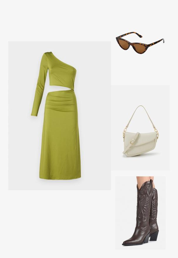 En axelklänning med lång ärm i olivgrön, med en figurnära liv och rynkdetalj vid midjan, tillverkad av ett slätt, stretchigt material.; Bruna lädercowboystövlar med spetsig tå och klossklack, med detaljerad sömnad och upphöjda accenter på skaftet.; Kattögon-solglasögon med en ram i svart och orange sköldpaddsmönster, bruna linser och smala, spetsiga tips. Har en minimalistisk logotyp på bågen.; Liten gräddfärgad handväska med en strukturerad finish, en lång justerbar rem, en kedjedetalj och en klaffstängning. Guldfärgad hårdvara.