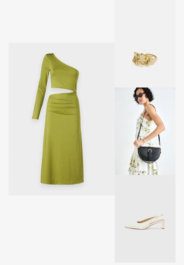 Vaatteet yhdellä olalla, pitkähihaiset, oliivinvihreä, jossa on istuva yläosa ja rypytetty yksityiskohta vyötäröllä, valmistettu sileästä, joustavasta kankaasta.; Valkoinen patenttilahja slingback-kengä, jossa on terävä kärki ja matala lohkokorko. Varustettu huomaamattomalla hihnalla, jossa on kultasävyinen solkiyksityiskohta.; Musta nahkainen käsilaukku, joka on kaareva muotoilultaan, irrotettavalla hihnalla ja kultaisilla yksityiskohdilla. Laukussa on läppä, jossa on solk yksityiskohta.; Kullanışlı bir ayarlanabilir yüzüğe sahip, üç belirgin zirveye sahip dokulu, dalgalı düzene sahip altın yüzük. Düzgün, parlak yüzey ve açık bant ile tasarlanmış.