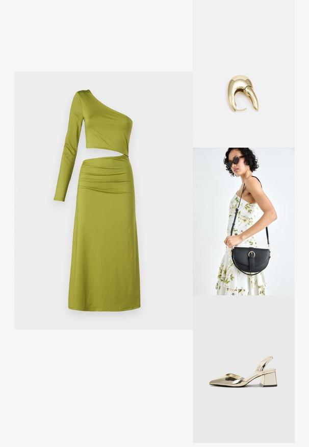 Haljina s jednim ramenom i dugim rukavima u maslinasto zelenoj boji, koja ima uski korzet i nabran detalj u struku, napravljena od glatkog, rastezljivog materijala.; Zlatni metalik slingback sandali s šiljatim vrhom i debelim potpeticama. Glatka tekstura, minimalistički dizajn i uski remen.; Crna kožna torba s lukovitim oblikom, odvojivim remenom i zlatnim detaljima. Torba ima preklop s kopčom.; Zlatne metalne naušnice s elegantnim, zakrivljenim dizajnom. Imaju karakterističan šiljast oblik, poliranu površinu i zatvaranje na šarku.