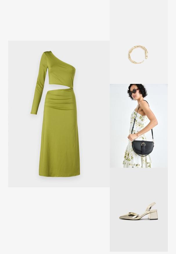 Šaty s jedným ramienkom a dlhým rukávom v olivovo zelenej farbe, s priliehavým živôtikom a nariasením v oblasti pásu, vyrobené z hladkej, elastickej látky.; Zlaté kovové lodičky na podpätku so špicatou špičkou a robustným podpätkom. Hladký povrch, minimalistický dizajn a úzka remienok.; Čierna kožená kabelka s zaobleným tvarom, odnímateľným popruhom a zlatými doplnkami. Kabelka má klopu s detailom s prackou.; Prsteň v zlatej farbe s organickým, skrúteným dizajnom, hladkým povrchom a zužujúcimi sa koncami, vytvárajúci moderný, sochársky vzhľad.
