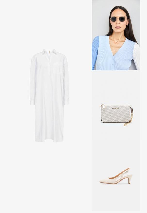 Soyaconcept SC-NETTI 69 - Robe chemise - white; Talons aiguilles blanches à bride arrière avec un bout pointu, un dessus lisse, un petit talon carré et un design avec découpes latérales et sangle réglable.; Lunettes de soleil rondes avec verres sombres et monture en or. Le modèle porte un cardigan à côtes bleu clair avec des boutons et des manches blanches contrastantes.; Porte-monnaie Michael Kors en toile enduite beige avec un motif répété de logo MK, des accessoires en or et une bandoulière en chaîne amovible.