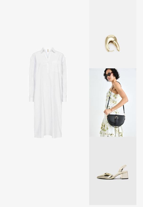 Soyaconcept SC-NETTI 69 - Marškininė suknelė - white; Auksiniai, metaliniai slingback aukštakulniai bateliai su smailiu pirštu ir masyviu kulnu. Lygus paviršius, minimalizmo dizainas ir siaura juostelė.; Juodas odinis krepšys su išlenkta forma, nuimamu dirželiu ir auksiniais detalėmis. Krepšys turi kilpą su sagtimi.; Aukso tono metalinės auskarai su stilingu, kreiviu dizainu. Išsiskiria ryškiu smailiu pavidalu, poliruota paviršiumi ir užsegimu su vyriu.