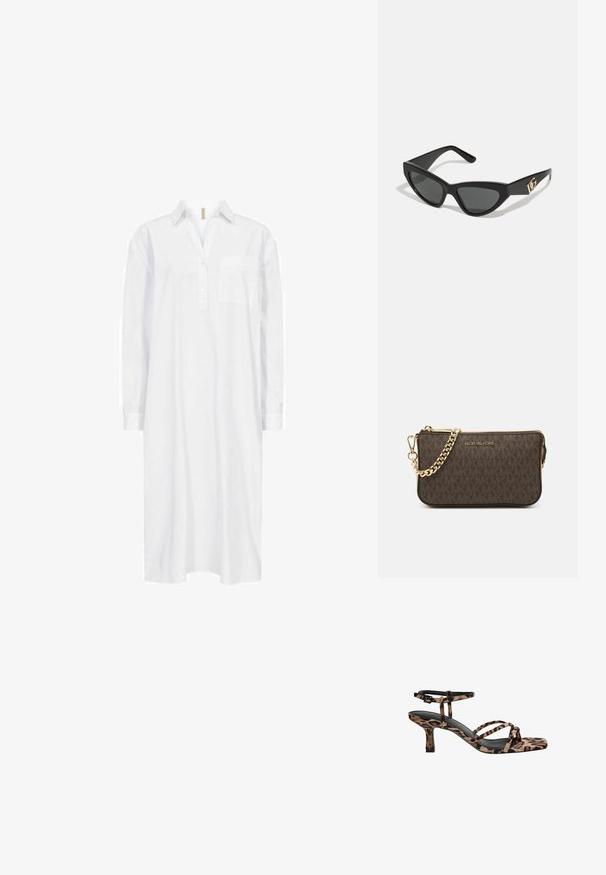 Soyaconcept SC-NETTI 69 - Abito a camicia - white; Sandali con tacco in stampa leopardata, con punta quadrata, multiple cinghie e un tacco di altezza media. Realizzati in morbido materiale tessile.; Occhiali da sole a forma di gatto con montatura in plastica nera opaca, lenti scure e un'accensione con logo dorato sulla stanghetta. Design angolare e superficie liscia.; Borsa a tracolla in pelle marrone con motivo logo, tracolla in catena dorata, chiusura con zip e dettagli in metallo dorato. Forma compatta e rettangolare.