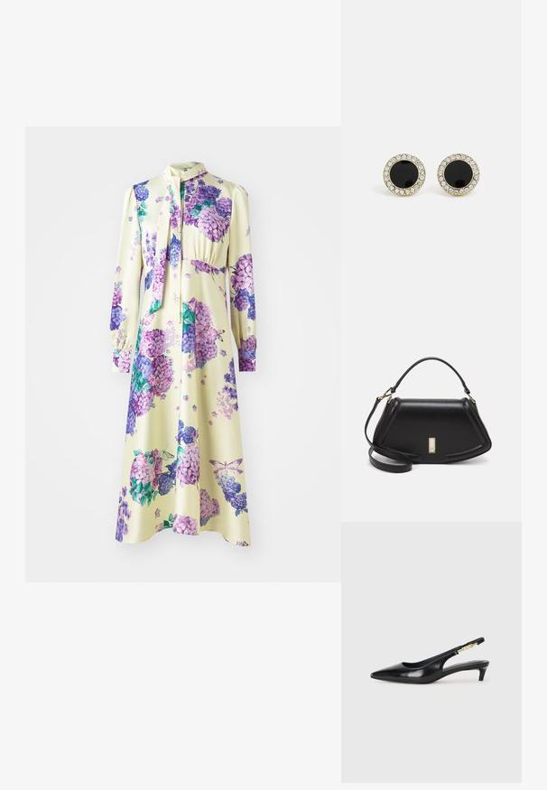 Robe à manches longues en tissu lisse, présentant une base jaune avec des motifs floraux violets. Comprend un col noué et une taille froncée.; Talons hauts en cuir noir avec un bout pointu, dotés d'un talon fin et d'un accent en ton or sur la lanière réglable. Texture lisse.; Sac à main en cuir noir avec un design structuré, featuring une forme cropped, une poignée supérieure et des accents en matériel doré. Bandoulière réglable incluse.; DKNY INLAY STUD - Boucles d'oreilles - black/gold-coloured