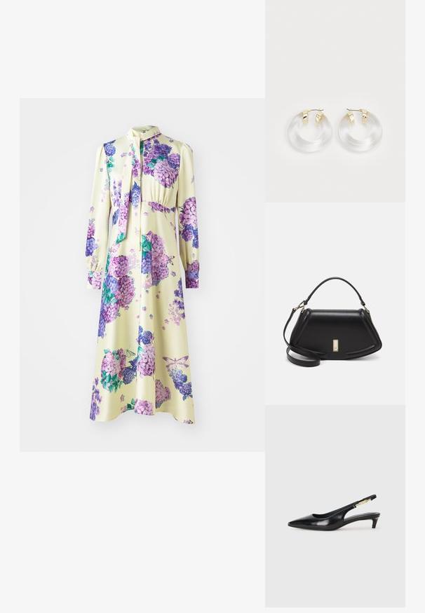 Abito a maniche lunghe in tessuto morbido, con una base gialla e motivi floreali viola. Include un collo con laccetto e una vita arricciata.; Tacchi slingback in pelle nera con punta affusolata, caratterizzati da un tacco alto e un accento dorato sulla cinghia regolabile. Texture liscia.; Borsa a mano in pelle nera con un design strutturato, caratterizzata da una forma corta, manico superiore e accessori in metallo dorato. Inclusa tracolla regolabile.; Orecchini ad anello in acrilico trasparente con dettagli in metallo dorato e finitura lucida. Caratterizzati da un design circolare e liscio.