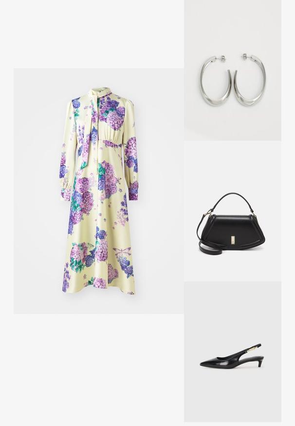 Krzna obleka z dolgimi rokavi v gladkem materialu, z rumeno podlago in vijoličastimi cvetličnimi motivi. Ima vezavo okoli vratu in nabran pas.; Črne usnjene sandale na peto z ostro konico, ki imajo tanko peto in zlat ton na nastavljivem traku. Gladka tekstura.; Črna usnjena torbica s strukturnim dizajnom, ki ima skrajšano obliko, zgornji ročaj in zlate dodatke. Vključena je nastavljiva ramenska naramnica.; Srebrni uhani v obliki obroča z gladkim, ukrivljenim oblikovanjem. Imajo sijajno kovinsko površino in zapiranje na žebljiček. Brez vidnih vzorcev ali dodatkov.