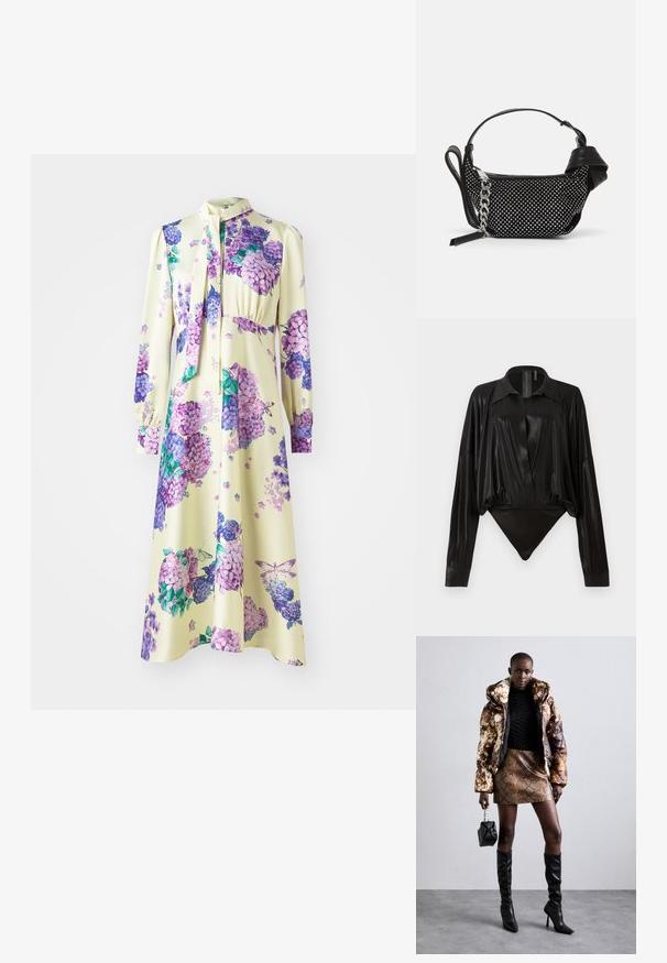 Langärmliges Kleid aus glattem Stoff, mit gelbem Grund und lila Blumenmustern. Es hat einen gebundenen Ausschnitt und eine geraffte Taille.; Schwarzer Body mit langen Ärmeln, V-Ausschnitt und figurnaher Silhouette. Hergestellt aus glänzendem, glattem Stoff mit einem strukturierten Kragen und Manschetten.; Puffermantel mit einem braunen und schwarzen Muster, kombiniert mit einem mini Rock in Schlangenoptik in Braun, schwarzen kniehohen Stiefeln und einer kleinen schwarzen Tasche.; Schwarze Handtasche mit texturiertem Design, verziert mit silbernen Nieten und einem klobigen silbernen Kettenriemen. Besitzt eine elegante, minimalistische Form.