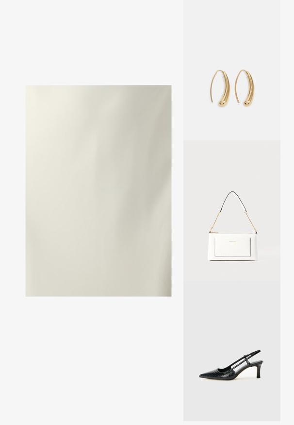 Lygus, grietinės spalvos audinys su subtiliu blizgesiu. Tekstūra vienoda, su paprastu, minimalizuotu dizainu, be matomų raštų ar akcentų.; Juodai lakuoti slingback aukštakulniai su smailiu nosiu, su tekstūruotu gyvatės raštu, reguliuojama juosta ir trumpu, tekstūruotu blokiniu kulnu.; Balta odinė rankinė su tekstūruotu paviršiumi, turinti auksinį grandinėlės dirželį ir juodas detales. Įskaičiuota priekinė kišenė ir užtrauktuko uždarymas.; Auksinės metalinės auskarų kabės su lenktą, pailgą forma. Turi lygų, blizgantį paviršių ir užapvalintą galiuką papildomam akcentui.