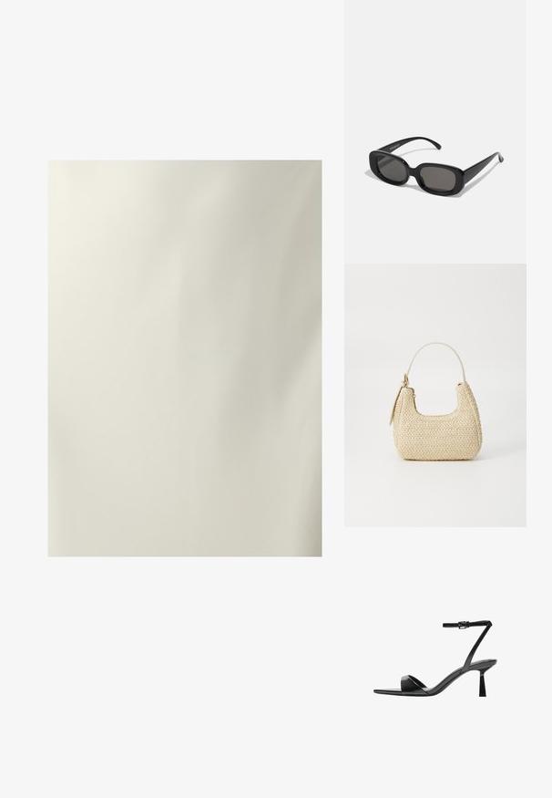 Mjukt, krämfärgat tyg med en subtil lyster. Texturen är jämn och har en enkel, minimalistisk design utan synliga mönster eller detaljer.; Bershka Sandaletter - black; Svarta rektangulära solglasögon med mörka linser. Tjock plastbåge, slät yta och rundade kanter. Stilsäkra skalmar sträcker sig utåt.; Vävd halmhandväska i beige med en kurvad form, ett kort handtag och en sidoglid. Har en texturerad yta och minimalistisk design.
