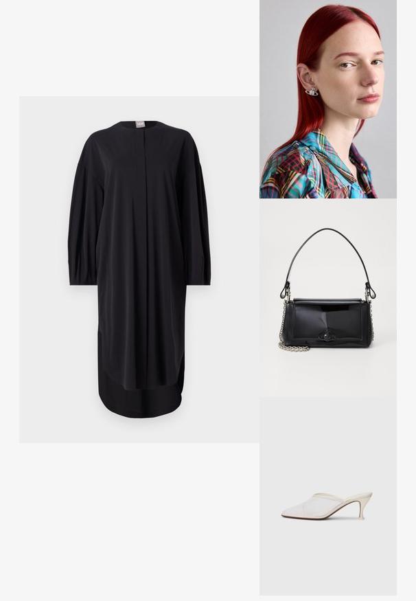 Fekete ruha sima anyagból, kerek nyakkivágással, hosszú ujjal és oldalsó hasítékokkal. Laza szabás, minimális dizájn részletekkel.; Fehér hálós, hegyes orrú mules cipő, vékony, középmagas sarkával és slip-on kialakításával, egyszerű háttér előtt.; Fekete lakkbőr kézitáska téglalap alakú, láncos vállpánttal és középen egy jellegzetes fém díszítéssel. Simaszerkezet.; Ezüst fülbevalók, amelyek Szaturnusz alakúak, bonyolult részletezéssel. A viselője hosszú vörös hajú, színes kockás inget visel.