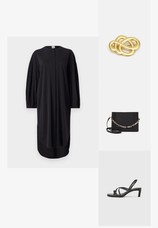 Czarna sukienka uszyta z gładkiego materiału, z okrągłym dekoltem, długimi rękawami i bocznymi rozcięciami. Luźny krój z minimalnymi detalami projektowymi.; Czarne sandały na obcasie z prostokątnym noskiem i niskim słupkowym obcasem. Posiadają wiele cienkich pasków i regulowany pasek na kostkę. Wykonane z gładkiej skóry.; Czarna skórzana torebka typu crossbody z gładką teksturą, prostokątnym kształtem oraz metalowym detalem w postaci łańcuszka z przodu. W zestawie regulowany pasek.; Brożka w odcieniu złotym z knotowym wzorem, posiadająca gładkie, zaokrąglone linie oraz misterny kształt, odzwierciedlająca wypolerowaną powierzchnię.