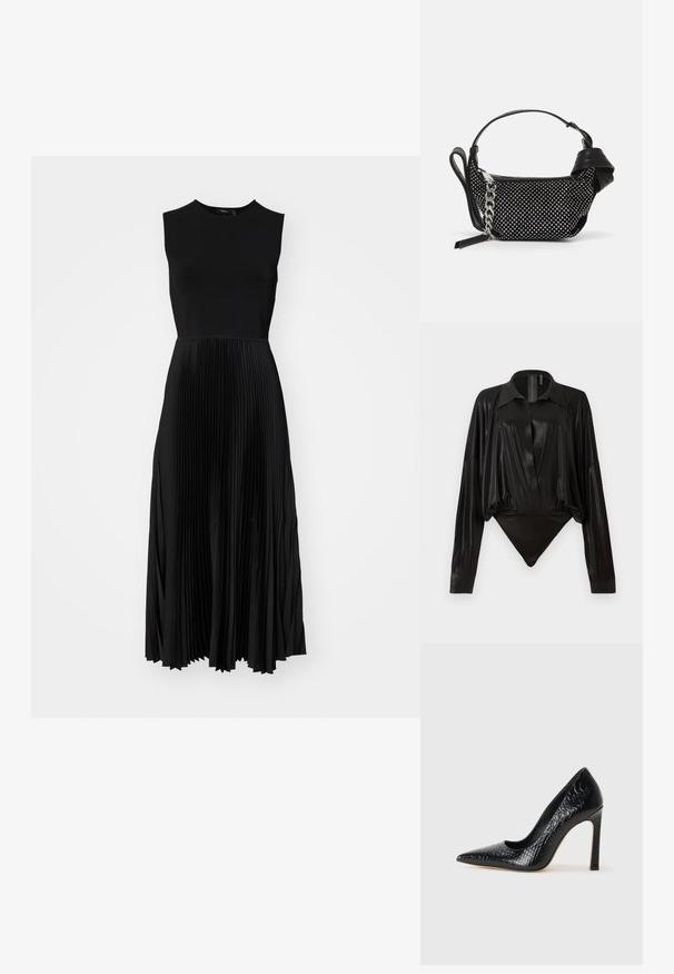 Robe noire sans manches avec un corsage ajusté et une jupe plissée. Texture lisse avec un drapé élégant, atteignant la longueur mi-mollet.; Body noir avec manches longues, décolleté en V et une silhouette ajustée. Fabriqué en tissu lisse et brillant avec un col structuré et des poignets.; Escarpin noir à bout pointu avec texture en cuir de crocodile, présentant un design élégant, un haut talon aiguille et un intérieur noir lisse.; Sac à main noir avec des embellissements cloutés, une bandoulière en chaîne et une poignée en cuir lisse, de forme arrondie et avec un compartiment zippé.