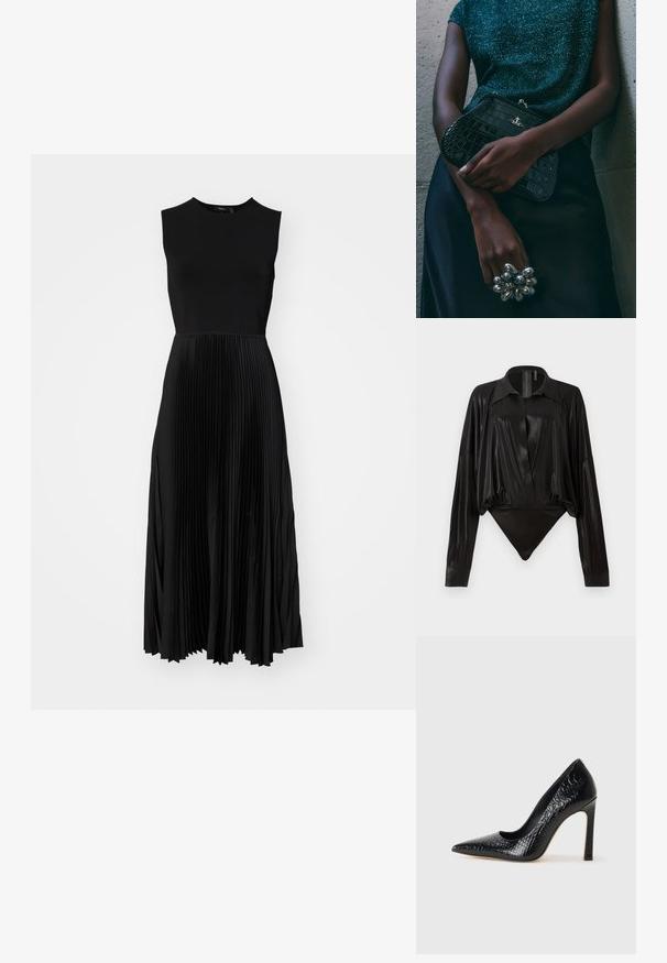 Robe noire sans manches avec un corsage ajusté et une jupe plissée. Texture lisse avec un drapé élégant, atteignant la longueur mi-mollet.; Body noir avec manches longues, décolleté en V et une silhouette ajustée. Fabriqué en tissu lisse et brillant avec un col structuré et des poignets.; Escarpin noir à bout pointu avec texture en cuir de crocodile, présentant un design élégant, un haut talon aiguille et un intérieur noir lisse.; Sac à main en cuir noir à motif crocodile avec des finitions en métal argenté, posé sur un fond texturé gris. Présente une surface brillante.