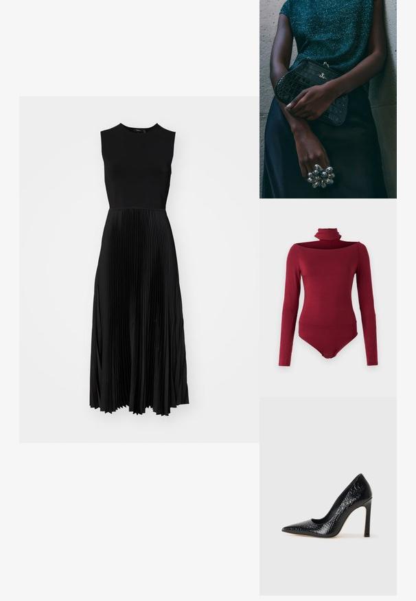 Rochie neagră fără mâneci cu un bust ajustat și o fustă plisată. Textură netedă cu o cădere elegantă, atingând lungimea de jumătate de cioran.; Body cu mâneci lungi, guler înalt și design off-shoulder, de culoare burgundă solidă. Fabricat dintr-un material moale și elastic.; Pantofii cu toc înalt, ascuțiți, de culoare neagră, cu textură de piele de crocodil, având un design elegant, toc în stil stiletto și interior neted de culoare neagră.; Geantă de umăr de tip clutch, cu model de crocodil negru și detalii din metal argintiu, sprijinită pe un fundal texturat gri. Prezintă o suprafață lucioasă.