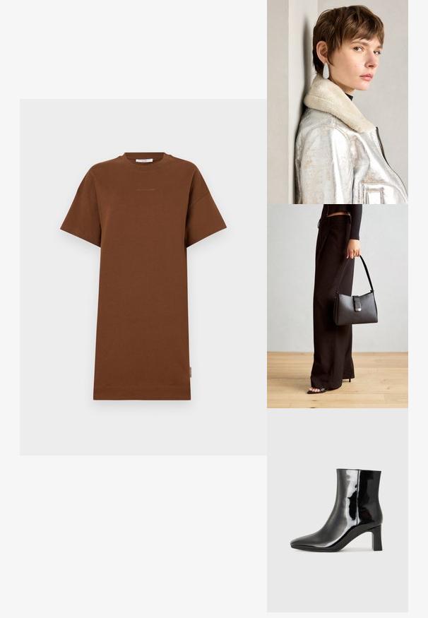Rudas medvilnės T formos suknelė su trumpomis rankovėmis, apvaliu iškirpimu ir laisvu siluetu. Įrengta subtiliu logotipu krūtinės srityje ir šonine etikete.; Juodos lakuotos odinės aulinukės su smailiu pirštu ir vidutinio aukščio blokuotu kulnu. Lygus paviršius ir minimalistinis dizainas.; Juodas rankinė struktūrizuota forma, lygi tekstūra ir metalinis užsegimas. Suporuota su plačiomis juodomis kelnėmis ir atvirais bateliais ant medinių grindų.; Sidabrinė metalinės odos striukė su avikailio apykakle, turinti užtrauktuką ir tekstūruotą paviršių. Dideli ašarų formos auskarai su skaidriais brangakmeniais.