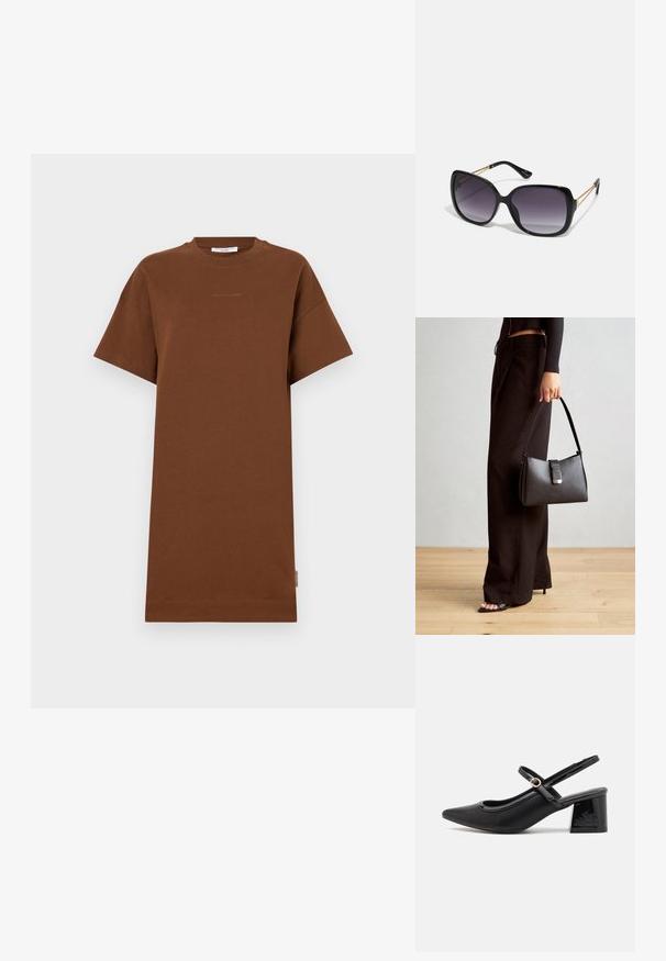 Hnědé bavlněné šaty ve tvaru trička s krátkými rukávy, kulatým výstřihem a volným střihem. Obsahují nenápadný detail loga na hrudi a boční štítek.; Černé lakované lodičky s otevřenou patou, špičatou špičkou, zaobleným střihem a blokovým podpatkem. Zdobené akcentem v zlatém tónu.; Černé oversized sluneční brýle se gradientními skly, silnými rámy a zlatými řetízkovými detaily na nožičkách.; Černá kabelka se strukturovaným tvarem, hladkým povrchem a kovovým uzávěrem. Kombinována s širokými černými kalhotami a sandály s otevřenou špičkou na dřevěné podlaze.