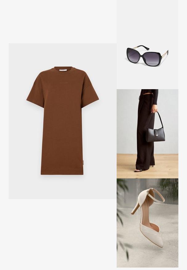 Barna pamut pólóruha rövid ujjakkal, kerek nyakkivágással és laza szabással. Diszkrét logó részlet található a mellkason és az oldalon.; Fehér magassarkú cipő sima anyagból, hegyes orral és bokapánttal. Világos bézs belső és aranyszínű hardver díszítés jellemzi.; Fekete, oversize napszemüveg fokozatos árnyalatú lencsékkel, vastag kerettel és arany színű lánc díszítéssel a szárakon.; Fekete kézi táska strukturált formával, sima textúrával és fémből készült záródással. Széles fekete nadrággal és nyitott orrú szandállal párosítva, fából készült padlón.
