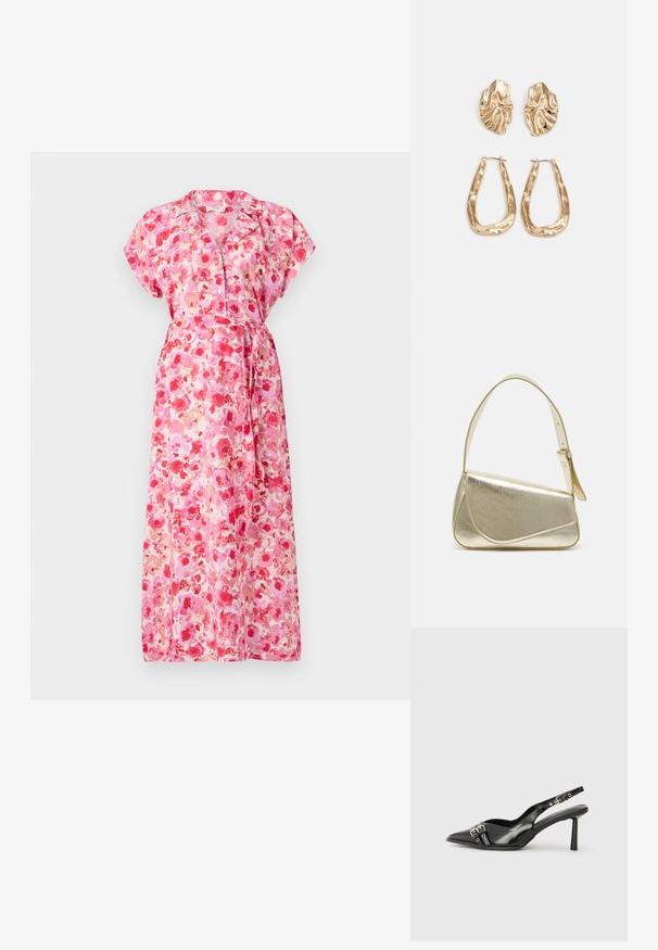 Maxi ruha könnyű anyagból, élénk virágmintával rózsaszín és piros árnyalatokban. Rövid ujjú, megkötő övvel és gombokkal rendelkezik.; Fekete lakk bőr, hegyes orrú slingback cipő, boka pántokkal, ezüst csatokkal és hardverelemekkel, valamint karcsú sarkú.; Arany fémes kézi táska, strukturált dizájnnal, sima felülettel és állítható pánttal. Egyedi háromszög alakú, minimalistának mondható varrásokkal rendelkezik.; Aranyszínű fülbevalók, texturált, hullámos formákkal. Tartalmazza a szobrászati klipszes studokat és az open hoop kialakítást, kalapácsos felülettel.