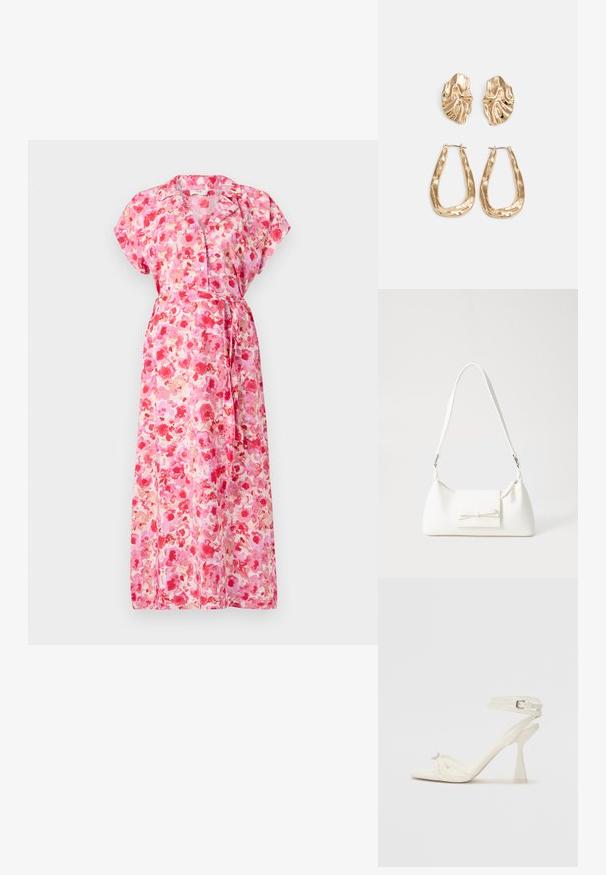 Maxi šaty z ľahkej látky s živým kvetinovým vzorom v odtieňoch ružovej a červenej. Majú krátke rukávy, opasok na zaväzovanie a gombíky.; Biele kožené sandále na vysokom podpätku s pásikmi, elegantným dizajnom, priehľadným blokovým podpätkom a dekoratívnym prvkom na špičke.; Biela syntetická kabelka s trojuholníkovým tvarom, plochým predným klapkou a detailom mašle, nastaviteľným popruhom, hladkou textúrou a minimalistickým dizajnom.; Náušnice v zlatej farbe s textúrovanými, vlnitými tvarmi. Obsahujú sochárske klipsové náušnice a otvorený tvar krúžku s kladivkovým povrchom.