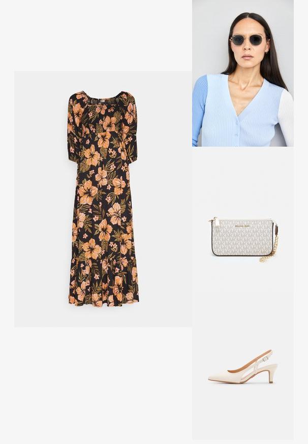 Svart blommig klänning med trekvartslånga ärmar, med orange hibiskusmönster och gröna blad, utsvängd fåll och rynkad byst.; Vit slingbackklack med spetsig tå, slät ovandel, låg blockklack och sidoutskärning med justerbar spänne.; Runda solglasögon med mörka linser och guldramar. Modellen bär en ljusblå, ribbad cardigan med knappar och kontrasterande vita ärmar.; Michael Kors handledos i beige belagd kanvas med ett upprepande MK-logomönster, gyllene detaljer och ett avtagbart kedjehandtag.