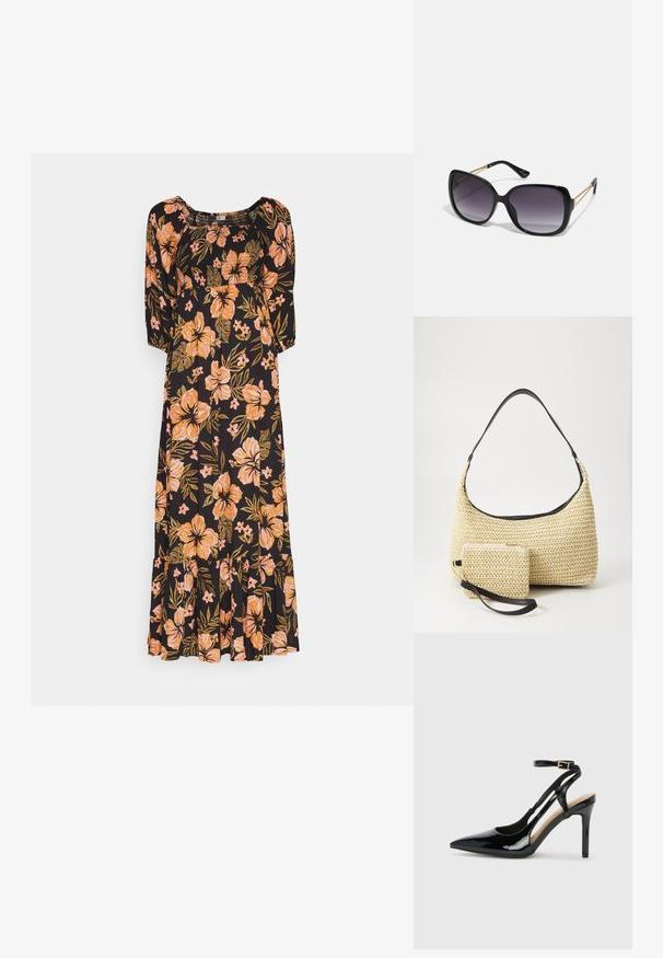 Sort blomsterkjole med trekvart ærmer, prydet med orange hibiscus-mønstre og grønne blade, flagrende kant og samlet bodice.; Sorte laklæder højhælede slingback-sko med spids tå, justerbar ankelrem og åben sider. Glat tekstur.; Sorte oversized solbriller med gradientlinser, tykke stel og guldfarvet kæde detaljer på tempelarmene.; Vævet stråhåndtaske med en buet silhuet, der har en glat sort læderrem og en matching lille pung, der er fastgjort med en håndledsrem.