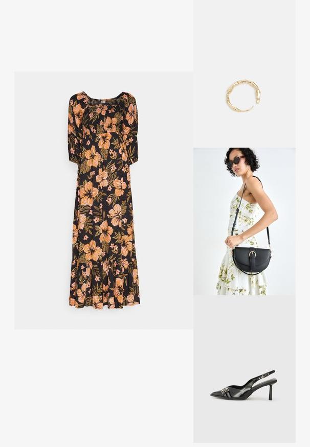 Schwarzes Blumenkleid mit Dreiviertelärmeln, das orange Hibiskusmuster und grüne Blätter aufweist, mit ausgestellt Saum und gerafft Oberteil.; Schwarzer Lackleder Slingback-Schuh mit spitzem Zehenbereich, Knöchelriemen mit silbernen Schnallen und Beschlägen sowie einem schlanken Absatz.; Schwarze Lederhandtasche mit geschwungener Form, abnehmbarem Tragegurt und goldenen Beschlägen. Die Tasche verfügt über einen Deckel mit einer Schnallen-Details.; Goldfarbener Ring mit einem organischen, gedrehten Design, glatter Oberfläche und sich verjüngenden Enden, was ein modernes, skulpturales Erscheinungsbild erzeugt.