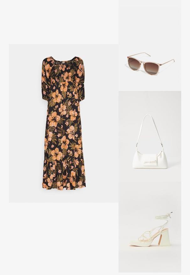 Mustaline mustaline kleit, millel on kolmveerandi varrukad, millel on oranžid hibiskusmustandid ja rohelised lehed, flared äär ja rütmiline rinnaosa.; Valged kõrge kontsaga sandaalid, millel on paks konts ja rihmadega disain koos pahkluu sidumisega. Sile tekstuur ja platvorm ees, et lisada kõrgust.; Prunade gradientiga prillid koos poolka sellest roosast raamistikust, ruudukujulised ning õhukeste metallist kätega. Omab ümarate servadega ja minimaalset detailide taset.; Valge sünteetilisest materjalist kott kolmnurkse kujuga, lame esiklapiga ja kaaredetailiga, reguleeritava rihmaga, sileda tekstuuriga ja minimalistliku disainiga.