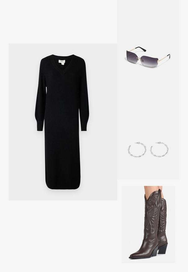Svart, ribbet strikkekjole med V-hals og lange puffermer, med en midtlang lengde og sideslisser for bevegelsesfrihet.; Brune skinncowboystøvler med spiss tå og blokkhelt, med detaljerte sømmer og hevede detaljer på skaftet.; Solbriller med grå gradientlinser, gullmetallramme og svarte plasthøyder. Unike sommerfuglformede linser med tynne armer.; Sølv hoops øredobber med en tvistet design, som har en polert finish og bakstøtte. Mål omtrent 3 cm i diameter.