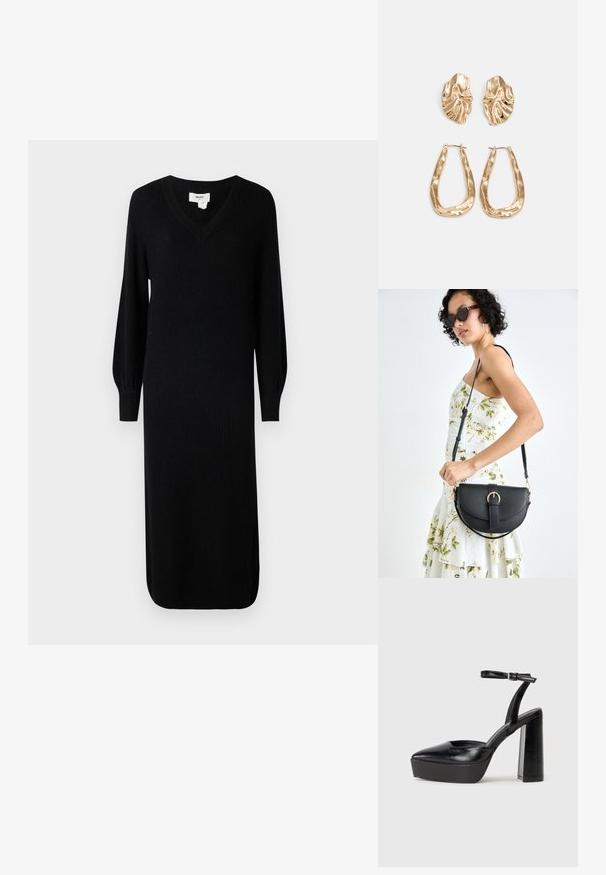 Robe en tricot noir côtelé avec un décolleté en V et de longues manches bouffantes, dotée d'une coupe midi et d’amples fentes sur les côtés pour faciliter le mouvement.; Escarpins noirs à plateforme avec un bout pointu et une sangle réglable à la cheville. Conçus en cuir lisse, avec un large talon bloc.; Sac à main en cuir noir avec une forme courbée, bandoulière amovible et des accessoires en or. Le sac est doté d'un rabat avec un détail de boucle.; Boucles d'oreilles dorées présentant des formes texturées et ondulées. Comprend des clips sculpturaux et un design de créoles ouvertes avec une finition martelée.