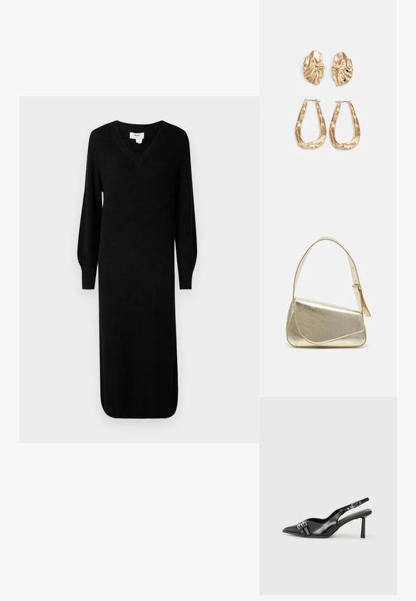 Robe en tricot noir côtelé avec un décolleté en V et de longues manches bouffantes, dotée d'une coupe midi et d’amples fentes sur les côtés pour faciliter le mouvement.; Chaussure slingback en cuir verni noir avec un embout pointu, des brides de cheville avec des boucles en argent et des éléments en métal, et un talon fin.; Sac à main en métal doré avec un design structuré, texture lisse et bandoulière ajustable. Présente une forme triangulaire unique et des coutures minimalistes.; Boucles d'oreilles dorées présentant des formes texturées et ondulées. Comprend des clips sculpturaux et un design de créoles ouvertes avec une finition martelée.