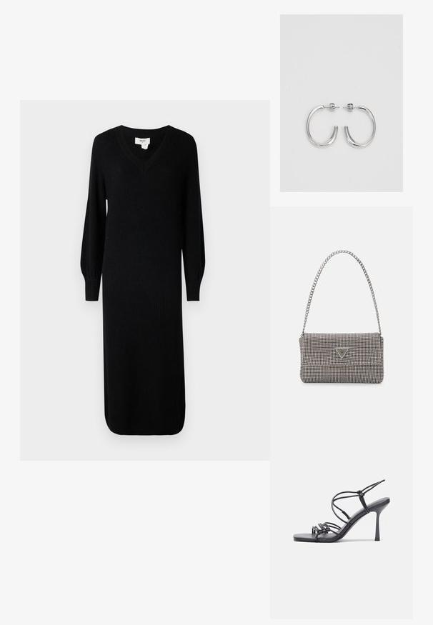 Juoda, raštuota mezginė suknelė su V formos iškirpte ir ilgomis pūstomis rankovėmis, turinti vidutinio ilgumo kirpimą ir šoninius plyšius, leidžiančius laisvai judėti.; Juodos aukštakulnės sandalai pasižymi plonyčiais dirželiais su mazgo dizainu, lygiu kvadratiniu pirštu ir elegantišku stiletto kulnu.; Šviesiai pilka metalinė rankinė su grandinėlės dirželiu, papuošta mažais apvaliais metaliniais smeigėmis ir trikampiu prekės ženklu.; Sidabriniai lankelio formos auskarai su lygiu, blizgiu paviršiumi, išlenktos formos ir su užsegimu. Minimalistinio dizaino su moderniu apdaila.