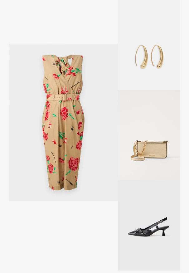 Vestido envelope bege com estampado floral vermelho e folhas verdes, apresentando uma cintura com cinto, design sem mangas e comprimento até o joelho.; Sapato slingback em couro preto com biqueira fina, tiras decorativas com ilhós de metal e um pequeno salto quadrado. Superfície texturizada.; Clutch de couro dourado metálico com um acabamento texturizado, apresentando uma alça de corrente dourada e uma alça de ombro removível. Logotipo da marca em relevo.; Brincos em metal dourado com forma de arco alongado e curvado. Apresentam uma superfície lisa e brilhante, com uma ponta arredondada para um detalhe adicional.