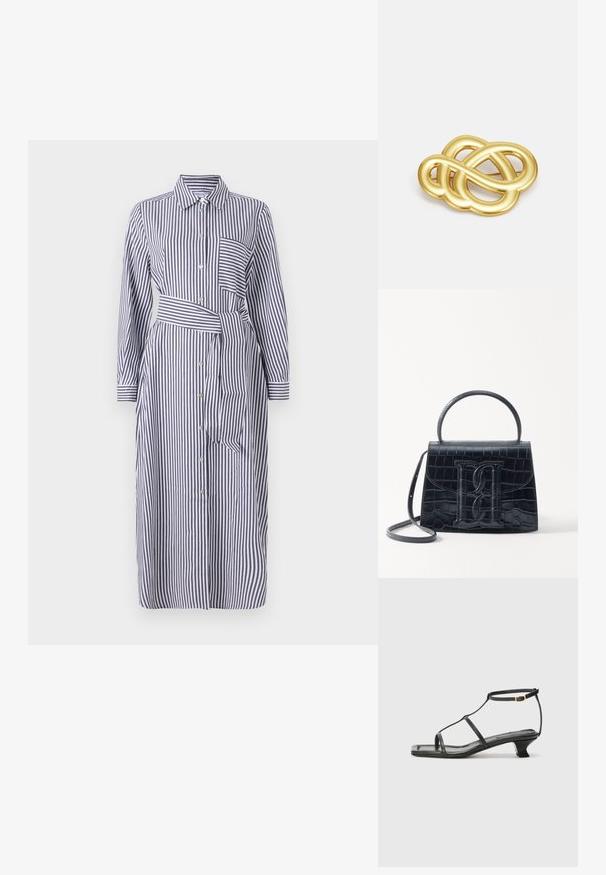 Gestreiftes Hemdkleid mit einem Kragen, langen Ärmeln, Vorderknöpfen, einem Taillengürtel und einer einzelnen Brusttasche. Die Farben sind Marineblau und Weiß.; Schwarze Ledersandale mit quadratischer Zehenpartie, dünnen Riemen, verstellbarem Knöchelriemen und einem niedrigen Absatz. Mit einem kleinen goldenen Akzent am Riemen.; Schwarze Handtasche aus Krokodilprägung mit strukturiertem Design, Oberhandgriff, verstellbarem Tragegurt und einem auffälligen Logo-Detail auf der Vorderseite.; Goldfarbener Brosche mit einem geknoteten Design, sanften, geschwungenen Linien und einer filigranen Form, die eine polierte Oberfläche widerspiegelt.