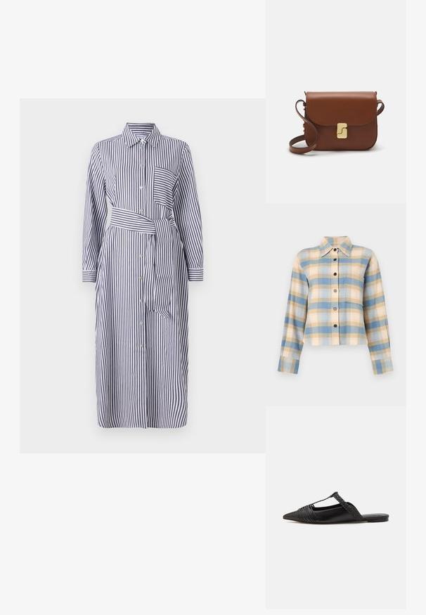 Dryžuota suknelė, turinti apykaklę, ilgas rankoves, priekines sagas, juosmens diržą ir vieną krūtinės kišenę. Spalvos - tamsiai mėlyna ir balta.; Plaid marškiniai su struktūrizuota apykakle, su mėlynų, smėlio ir rožinių langelių raštu, ilgomis rankovėmis ir juodais mygtukais priekyje.; Juodos odinės slingback bateliai su smailiu pirštu, turintys audinį akcentą ir raukšlėtą viršutinį dizainą. Lygus padas su minimaliais aksesuarais.; Ruda odinė rankinė su uždaromu dangteliu, aukso spalvos detalėmis, petneša ir lygiu paviršiumi. Kompaktiška stačiakampio formos.