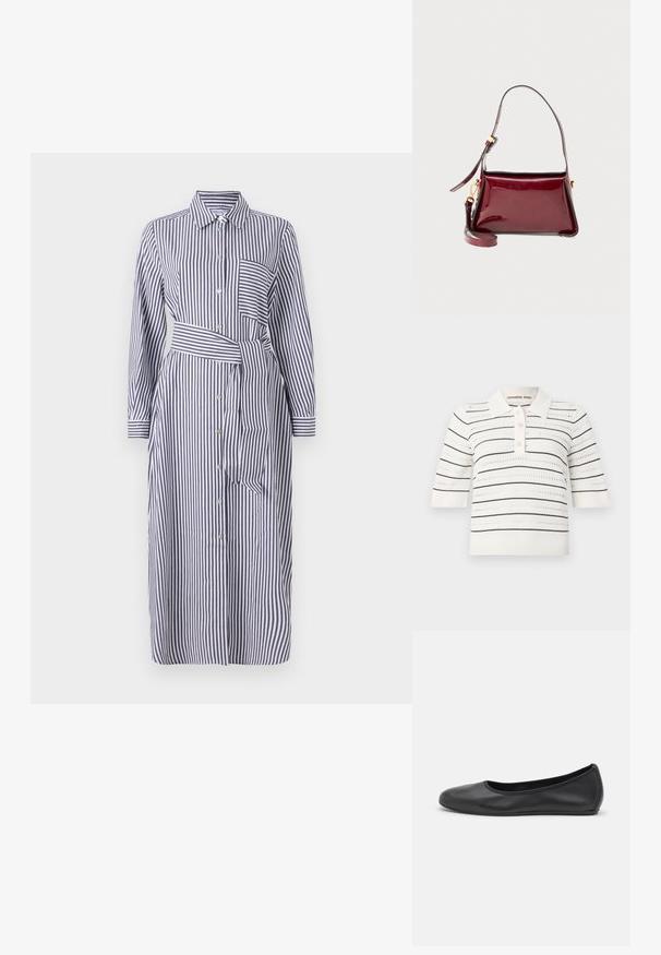 Abito a righe con colletto, maniche lunghe, bottoni frontali, cintura in vita e una tasca sul petto. I colori sono blu navy e bianco.; Polo a maniche corte color crema con righe nere. Caratterizzato da una chiusura con bottoni, una texture lavorata a maglia e un design traforato per la ventilazione.; Pantofole da balletto nere in pelle con punta arrotondata, texture liscia, dettagli di cucitura minimi e design con suola flessibile.; Borsa in pelle lucida bordeaux con un design strutturato, chiusura con zip superiore e tracolla removibile. Accenti in metallo dorato.