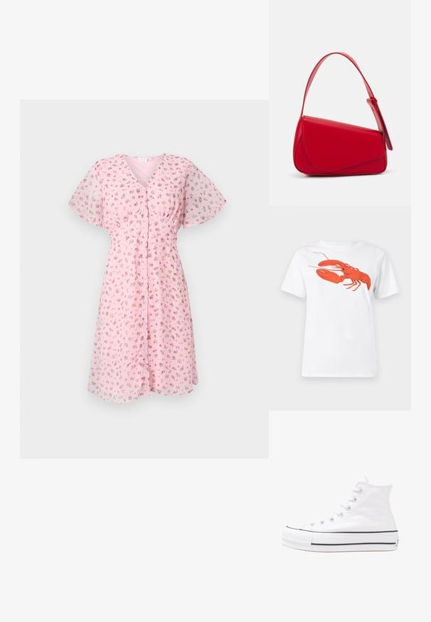 Rosa blommig klänning med korta volangärmar, v-ringning och knappslå framtill. Tyget verkar lätt och har en mjuk, genomskinlig textur.; Vit bomull t-shirt med en stor, lysande röd hummergrafik på framsidan. Kortsleeves och standard rundad halsdesign.; Vit hög topp canvas sneaker med svart gummisulan, framsidan gummitåhätta och sex öglor för snören, med en ren, minimalistisk design.; Röd läderhandväska med en vinkelrät, geometrisk design. Har ett justerbart axelband och en klaffstängning med sydda detaljer.