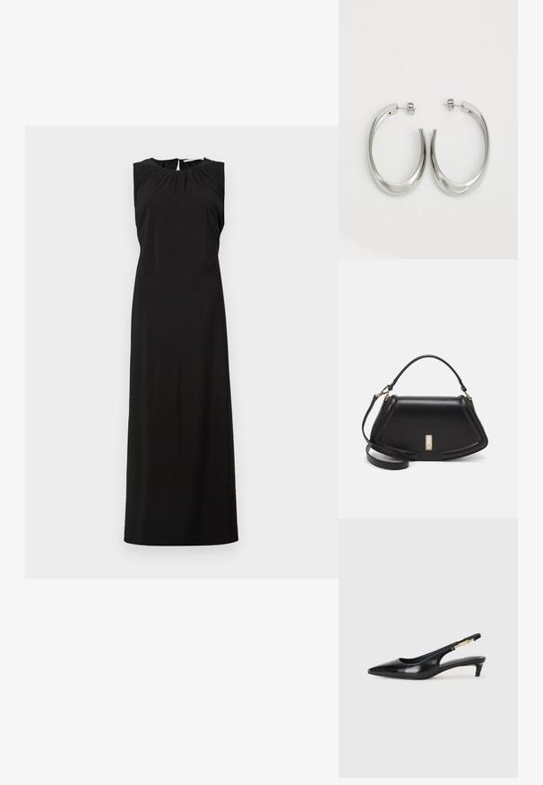 Czarna, bezrękawnikowa sukienka maxi z okrągłym dekoltem, subtelnymi marszczeniami na ramionach oraz rozcięciem do kolan z tyłu. Gładki, lekki materiał.; Czarne skórzane szpilki typu slingback z ostrym noskiem, posiadające smukły obcas i złoty akcent na regulowanym pasku. Gładka tekstura.; Czarna skórzana torebka o strukturalnym designie, z przyciętą formą, górnym uchwytem i złotymi akcentami. W zestawie regulowany pasek na ramię.; Srebrne kolczyki-hoop o gładkim, zakrzywionym designie. Posiadają błyszczące metaliczne wykończenie i zapięcie na sztyft. Brak widocznych wzorów lub akcentów.